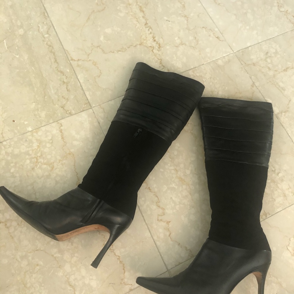 Rickard Shan Italian Leather & Suede High Heel Boots Zip on Side Size 40